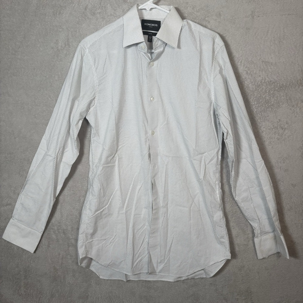 Bonobos Dress Shirt Mens 15.5 35 White Blue Polka‎ Dot Slim Fit Stretch Business